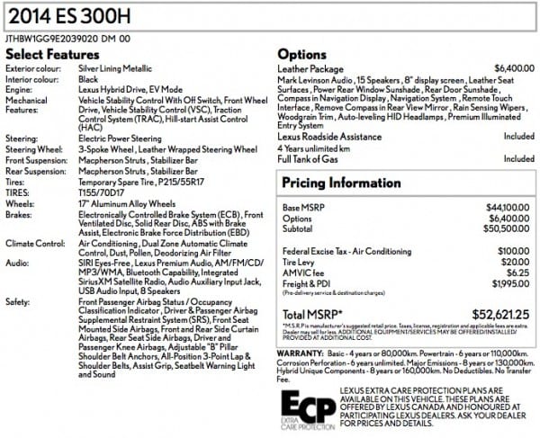 Lexus es300h data specs