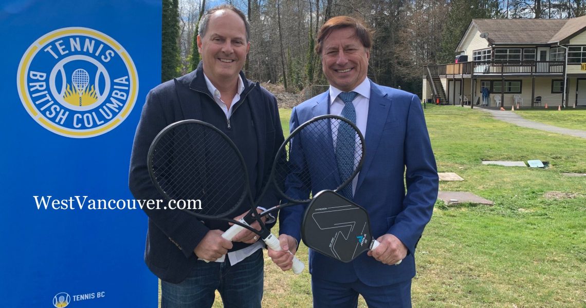 Mayor Mark Sager, right, with Tennis BC President (Vancouver) Rick Hastings at Hugo Ray Park in West Vancouver.